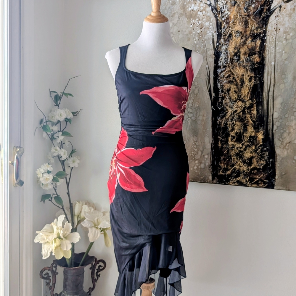 Elegant Black Dress with Red Floral Accents